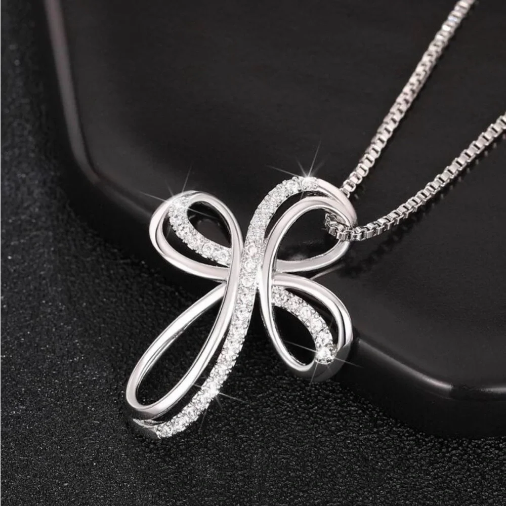 Silver Tone Cubic Zirconia Cross‎ Necklace